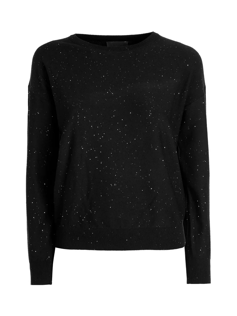 Pullover donna girocollo con strass - nero