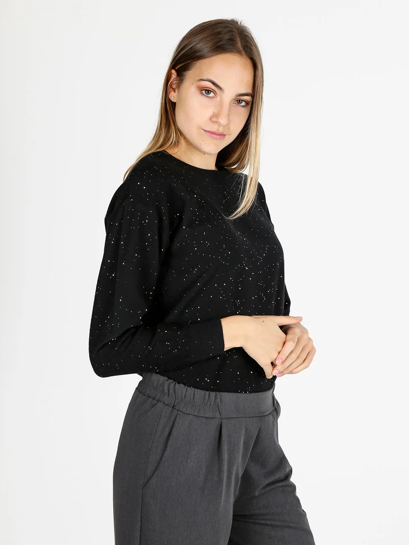 Pullover donna girocollo con strass - nero