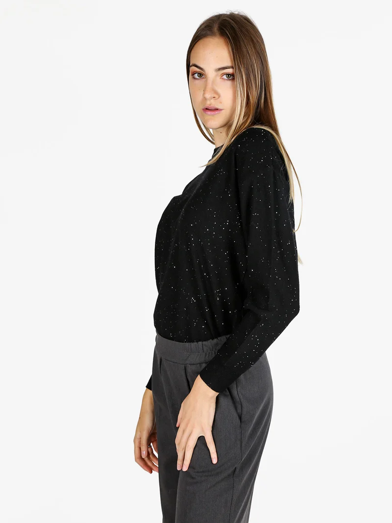 Pullover donna girocollo con strass - nero