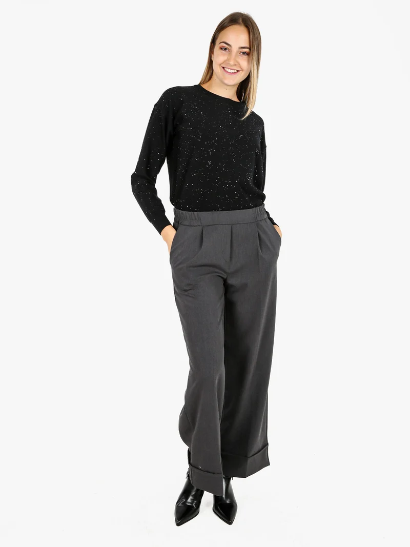 Pullover donna girocollo con strass - nero