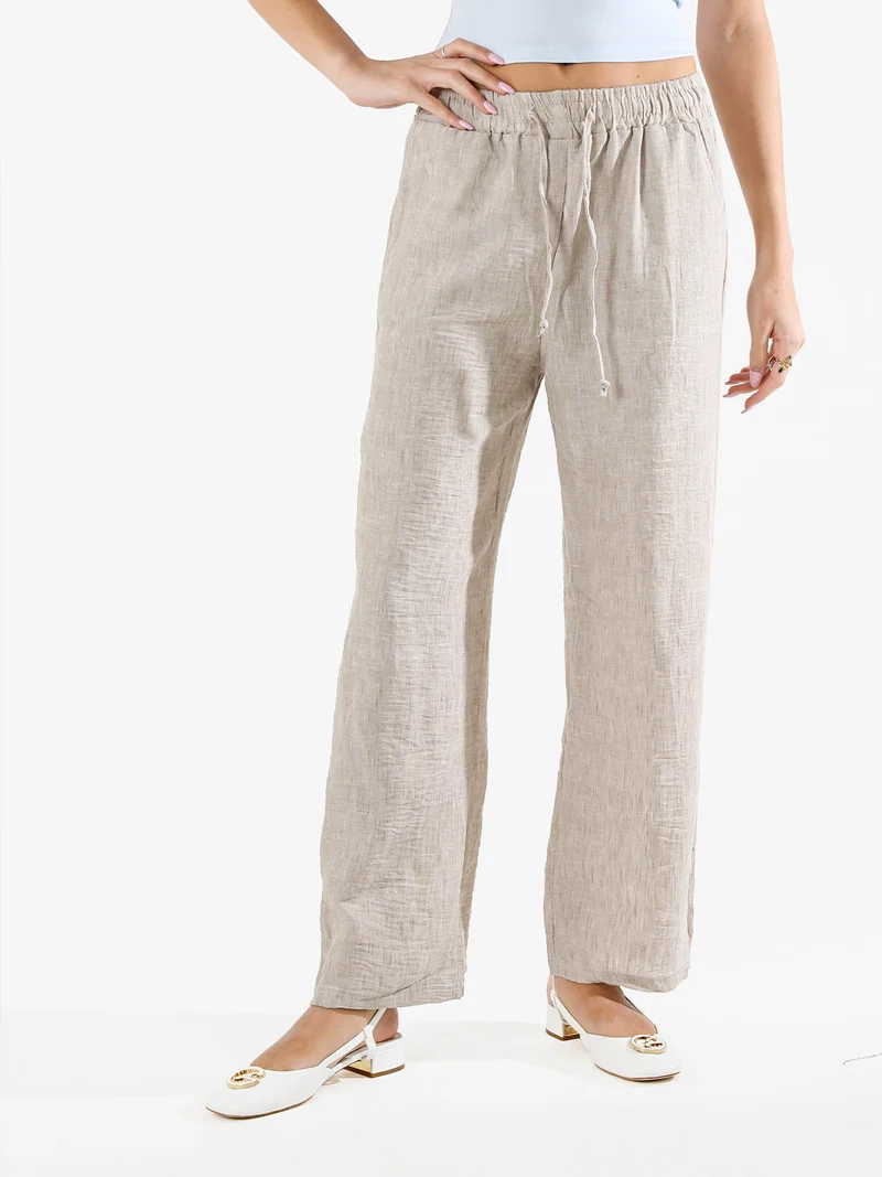 Pantaloni donna leggeri a gamba larga con coulisse - beige