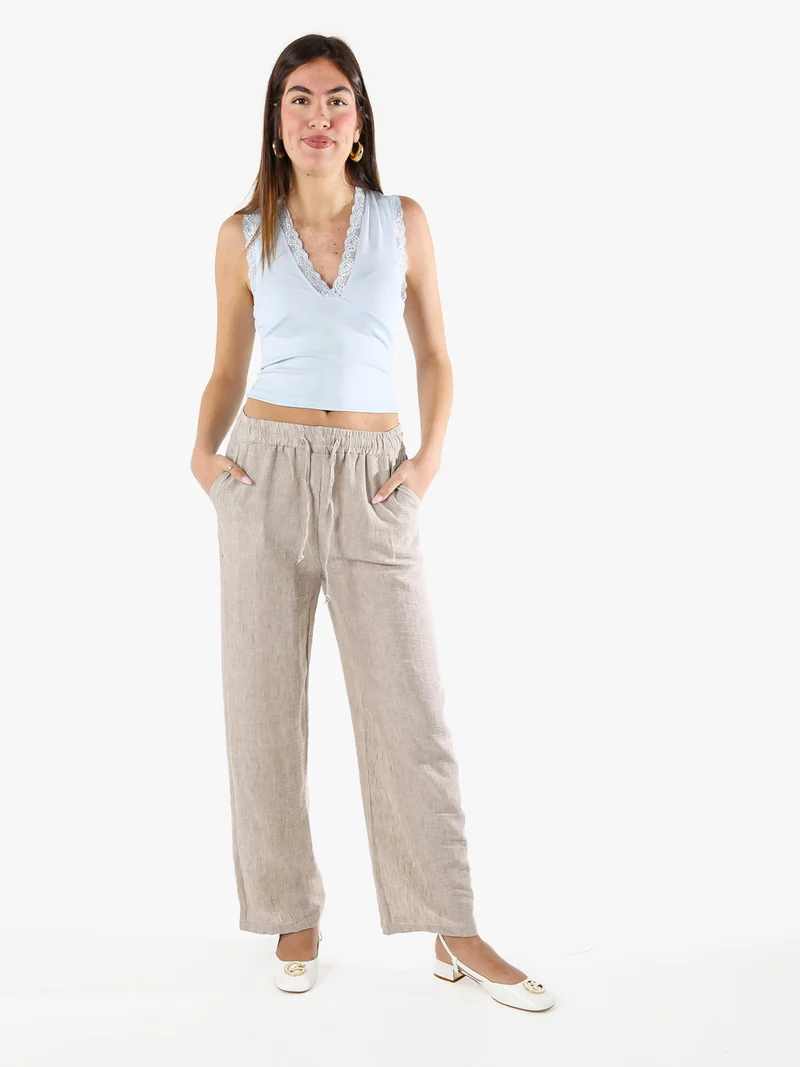 Pantaloni donna leggeri a gamba larga con coulisse - beige