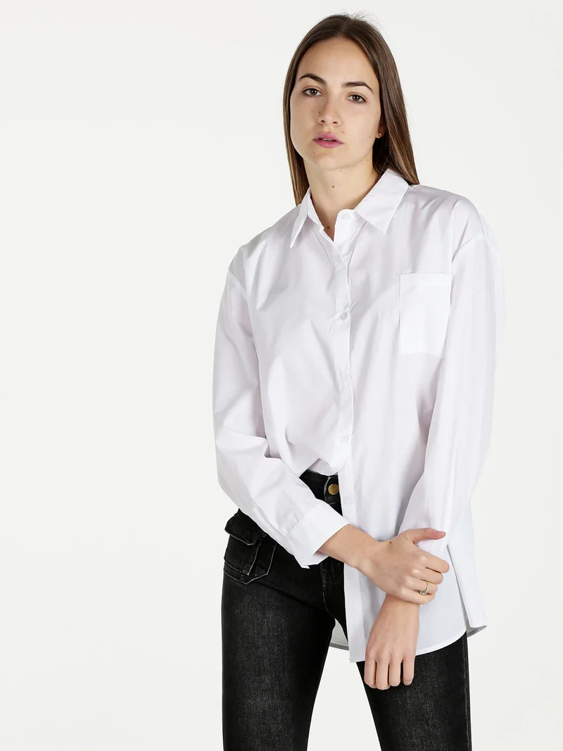 Camicia donna oversize con taschino - bianco