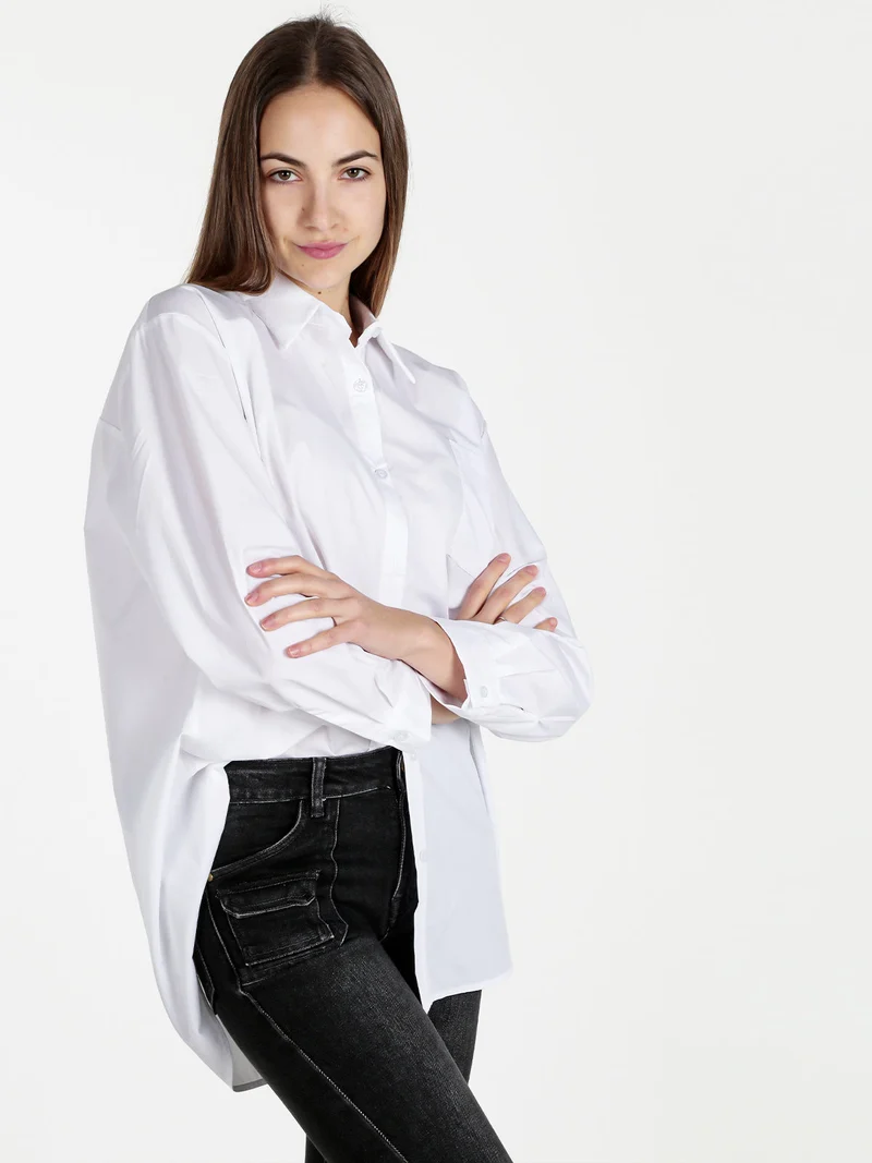 Camicia donna oversize con taschino - bianco