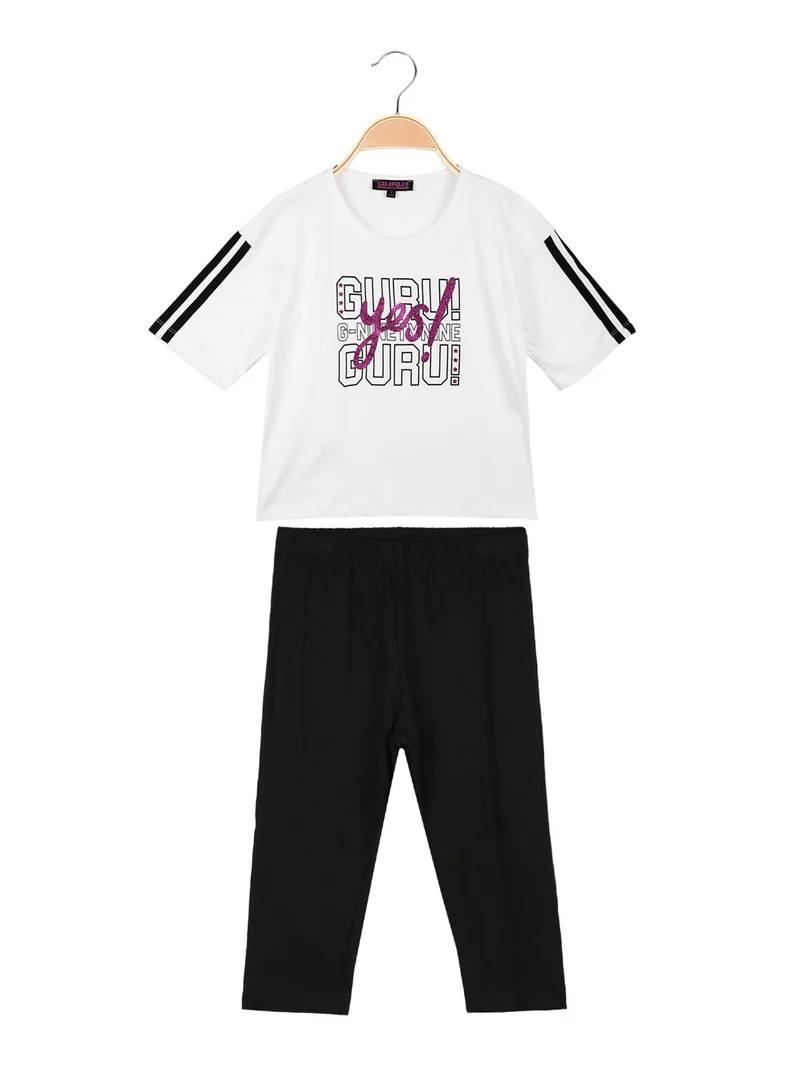 Completo corto da bambina con leggings 3/4 - bianco