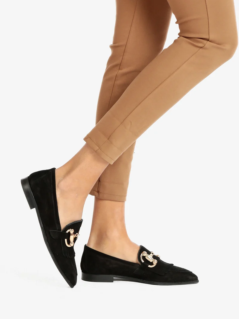 Mocassini donna in pelle con frange - nero