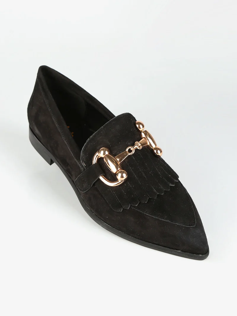 Mocassini donna in pelle con frange - nero