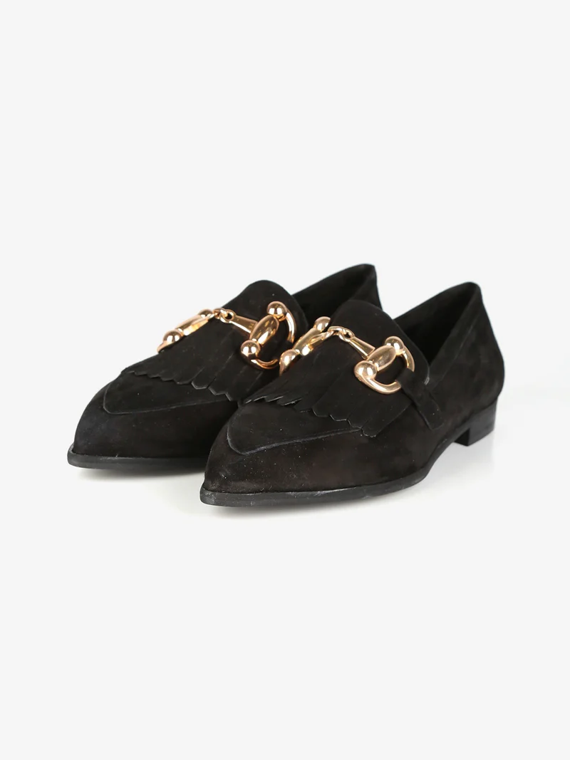 Mocassini donna in pelle con frange - nero