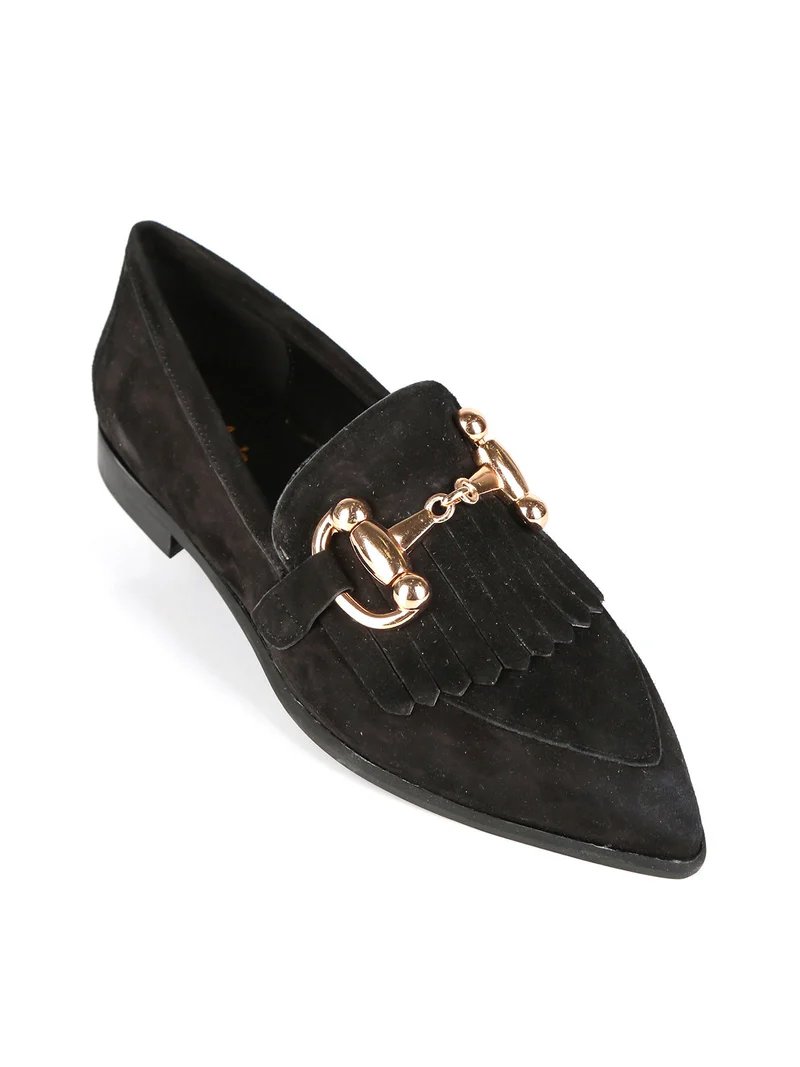 Mocassini donna in pelle con frange - nero