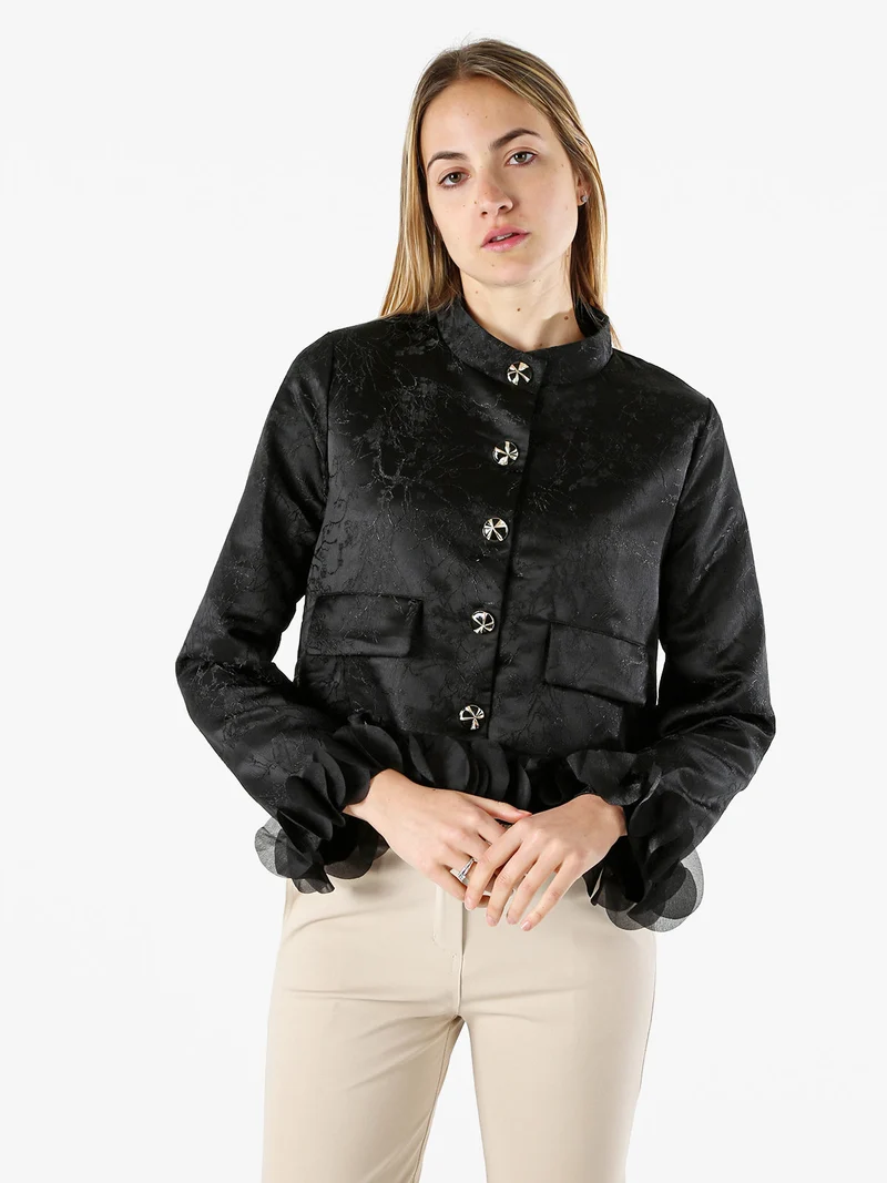 Giacca elegante da donna con ricami e volant - nero