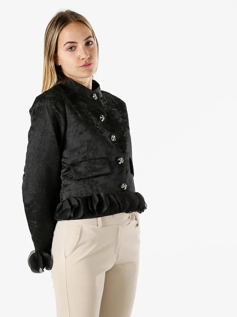 Giacca elegante da donna con ricami e volant - nero