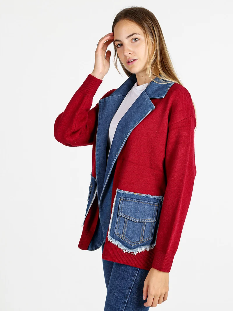 Cardigan donna in maglia con inserti jeans - bordeaux