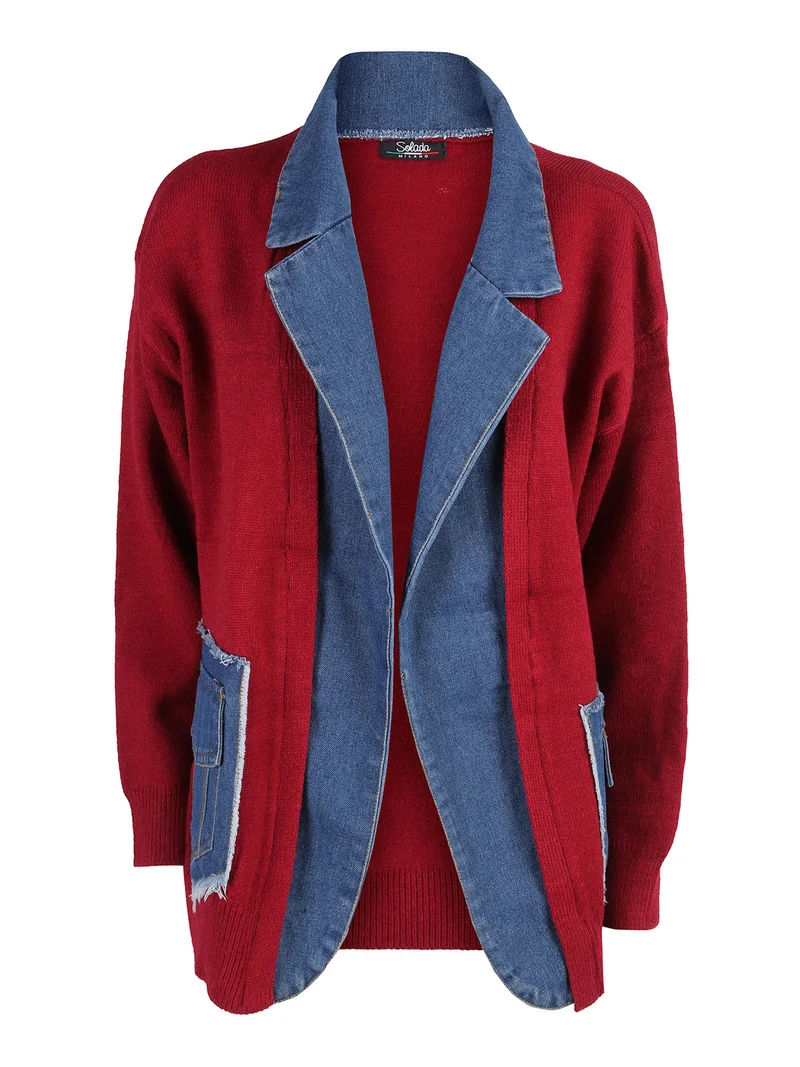 Cardigan donna in maglia con inserti jeans - bordeaux