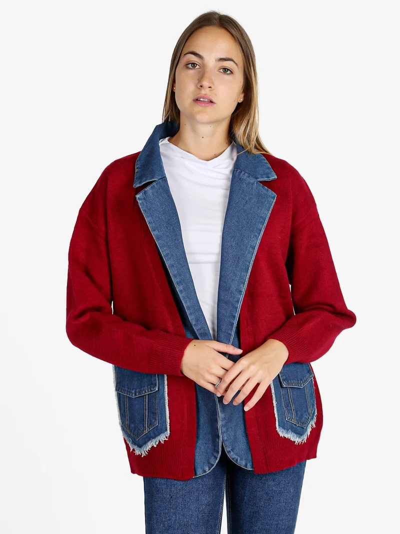 Cardigan donna in maglia con inserti jeans - bordeaux