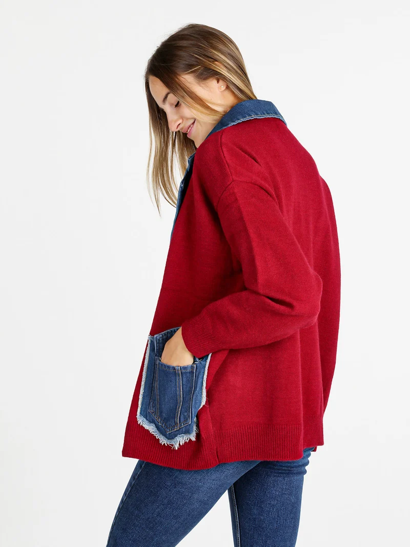 Cardigan donna in maglia con inserti jeans - bordeaux