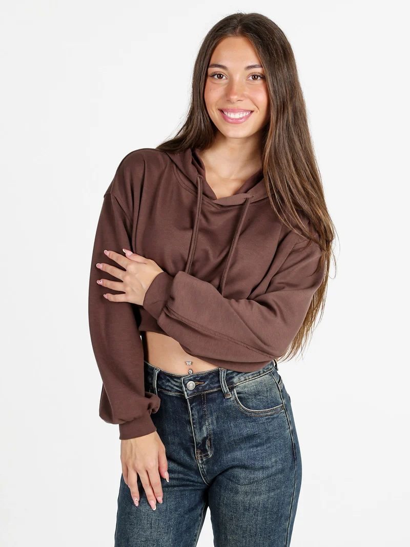 Felpa donna cropped oversize con cappuccio - moro
