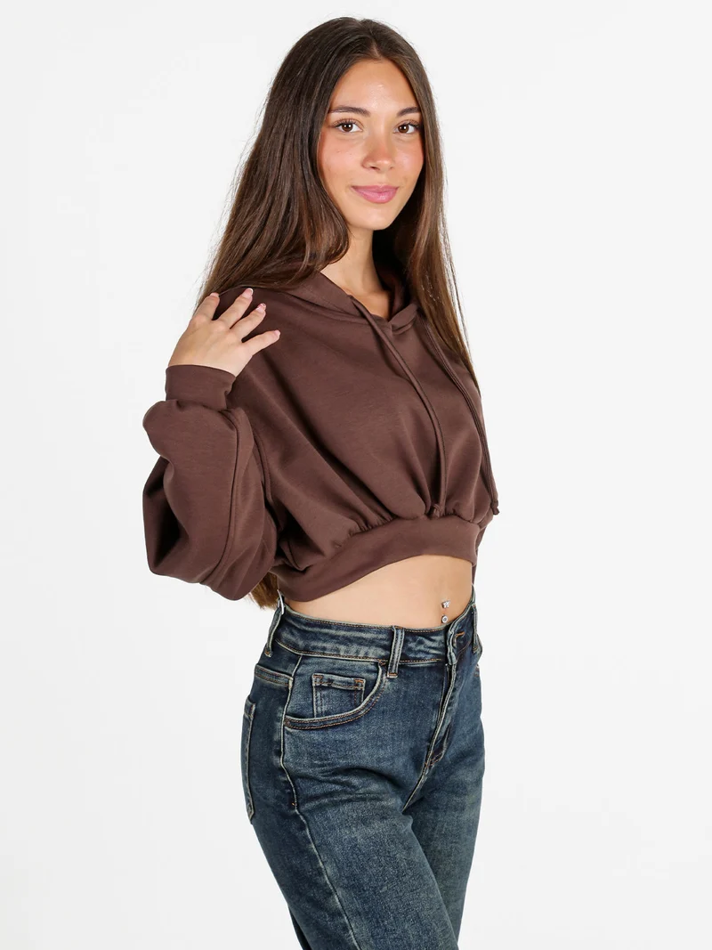 Felpa donna cropped oversize con cappuccio - moro