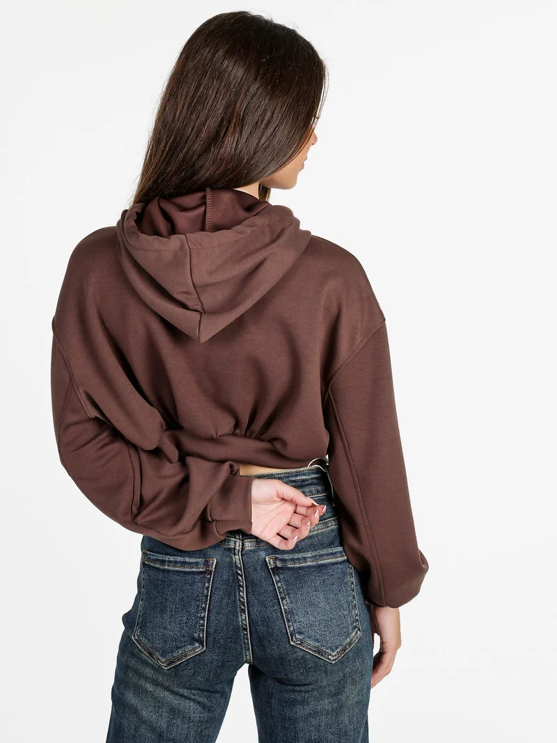 Felpa donna cropped oversize con cappuccio - moro