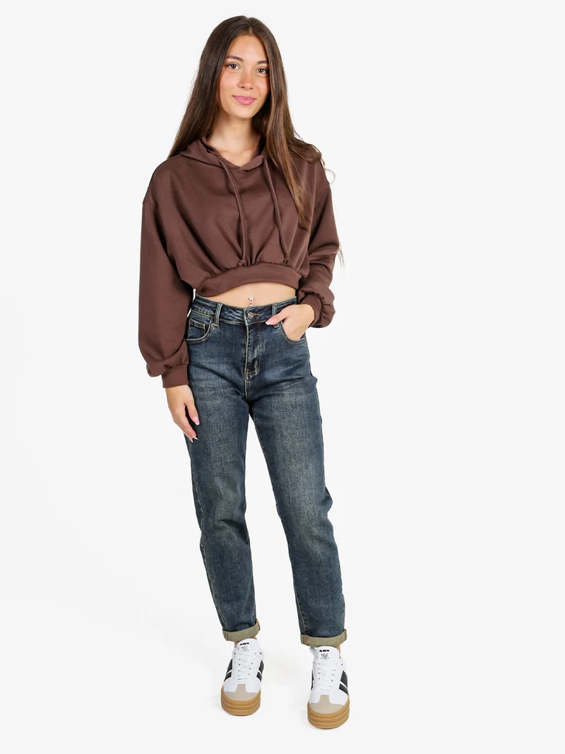 Felpa donna cropped oversize con cappuccio - moro