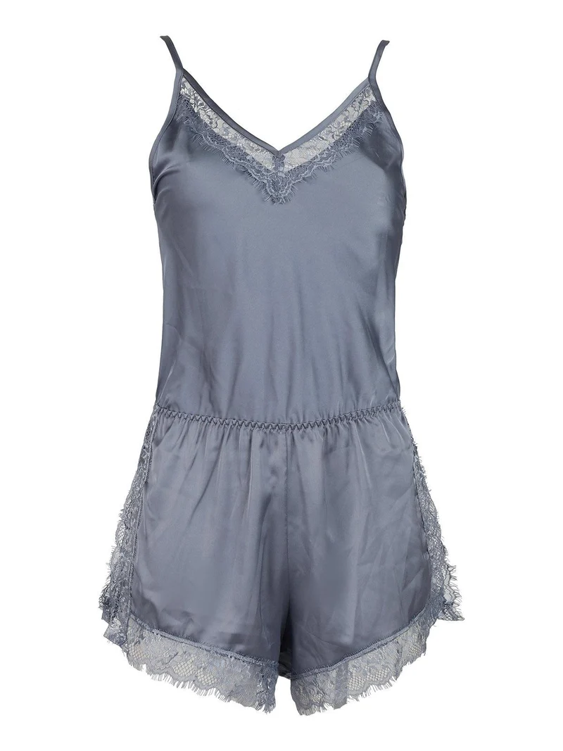 Pigiama tuta donna effetto raso con pizzo - grigio