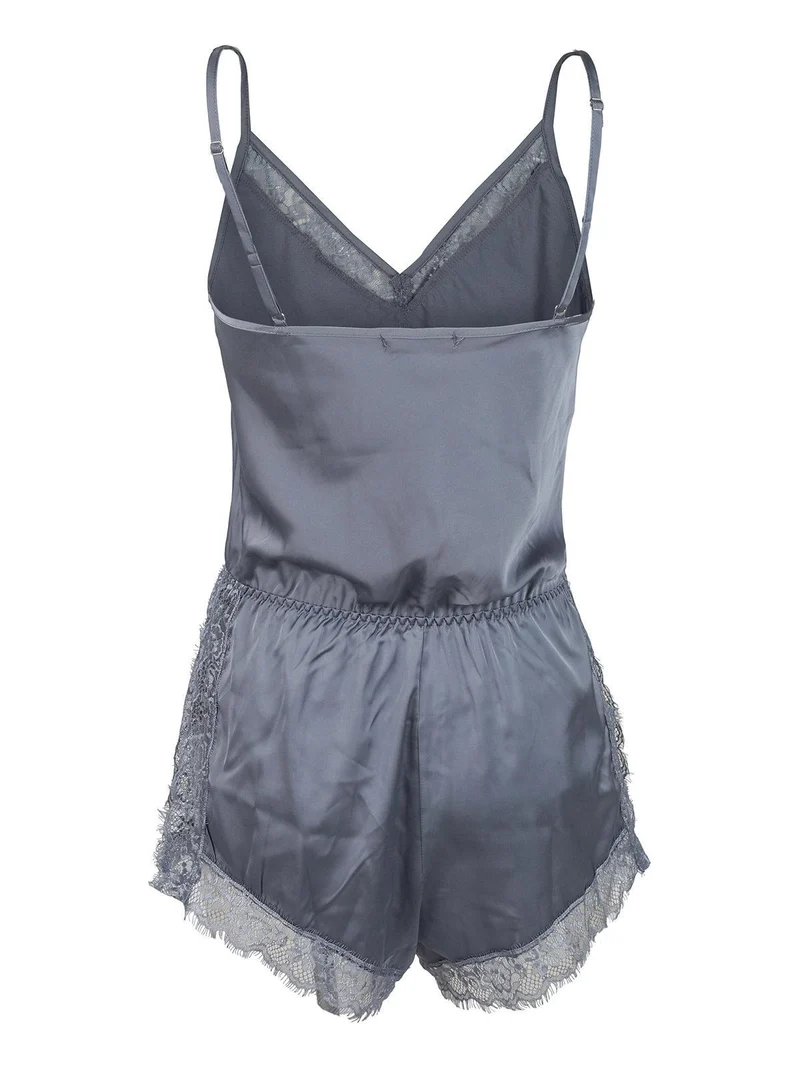 Pigiama tuta donna effetto raso con pizzo - grigio