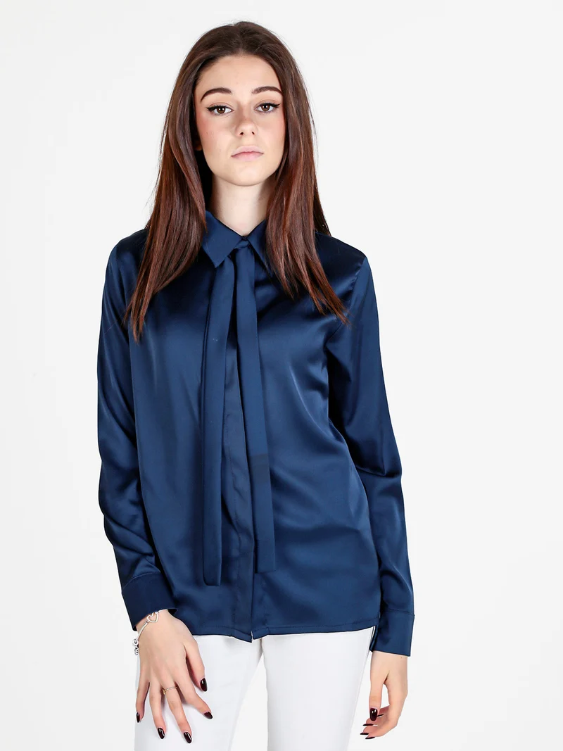 Camicia donna effetto raso con cravattino - blu scuro