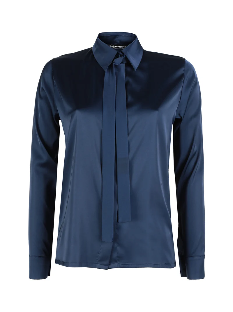Camicia donna effetto raso con cravattino - blu scuro