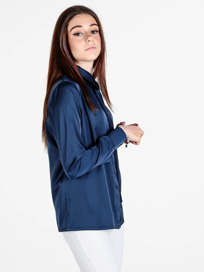 Camicia donna effetto raso con cravattino - blu scuro