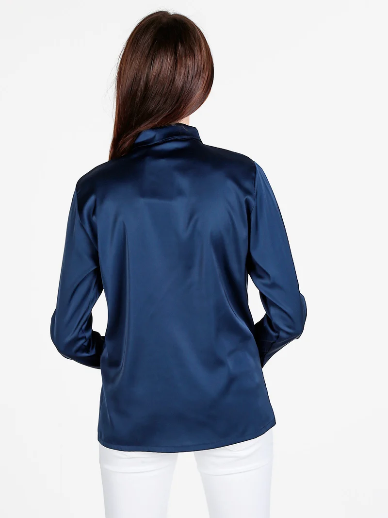 Camicia donna effetto raso con cravattino - blu scuro