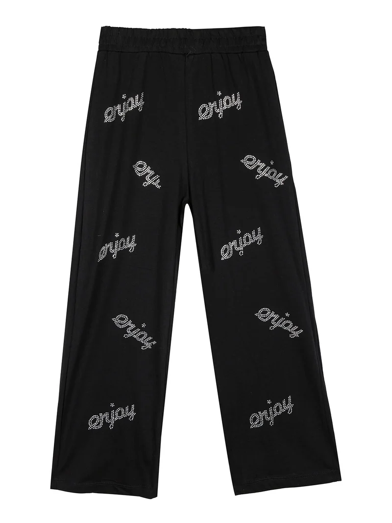 Pantaloni da bambina a gamba larga con strass - nero