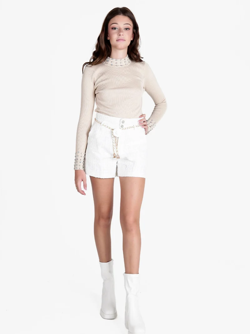Shorts donna a vita alta con lurex - bianco