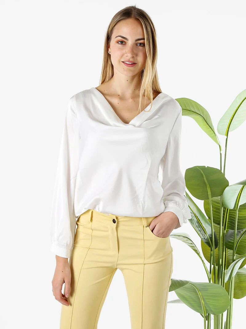 Blusa donna a maniche lunghe in tessuto simil raso con scollo a cascata - bianco