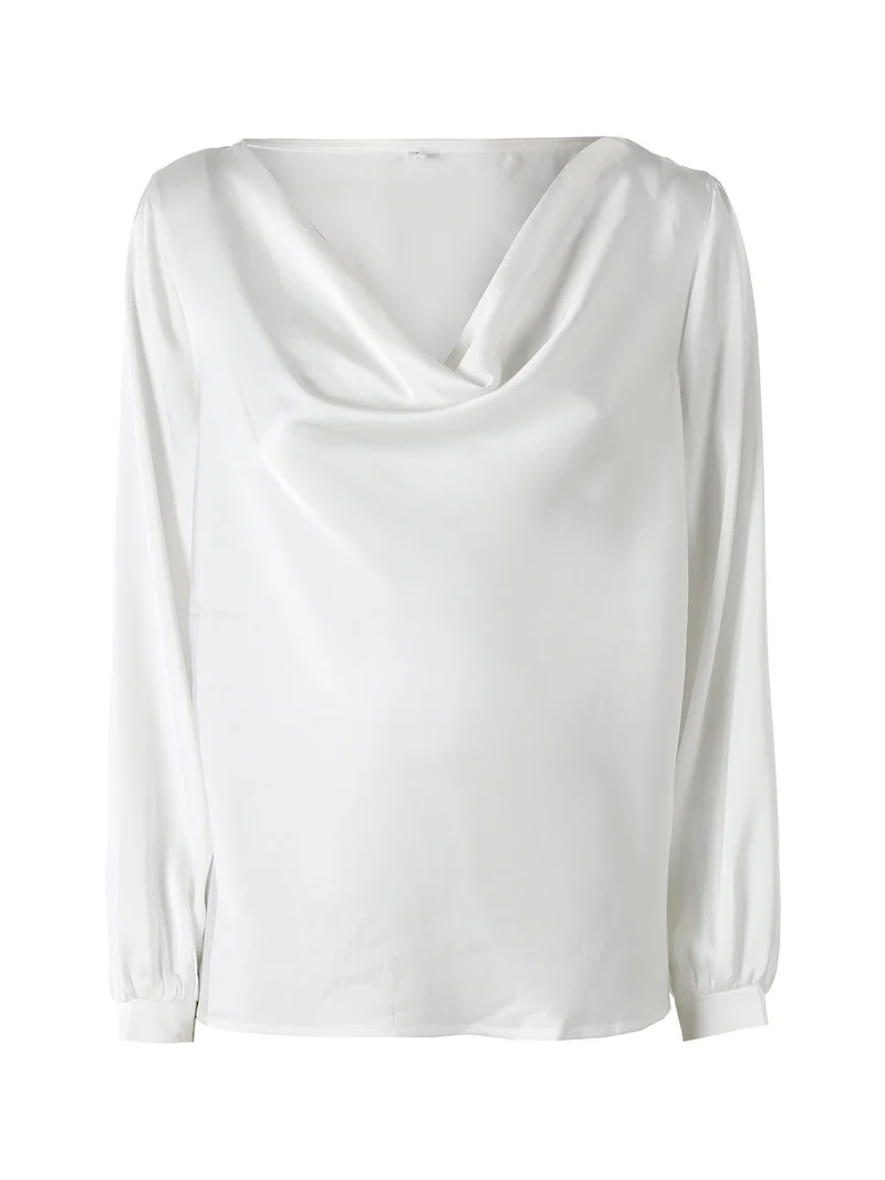 Blusa donna a maniche lunghe in tessuto simil raso con scollo a cascata - bianco