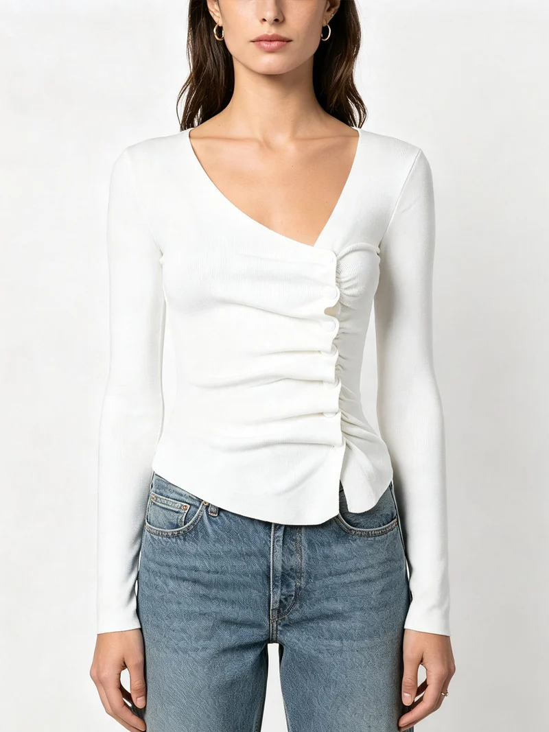Top donna in maglia a maniche lunghe con bottoni - panna