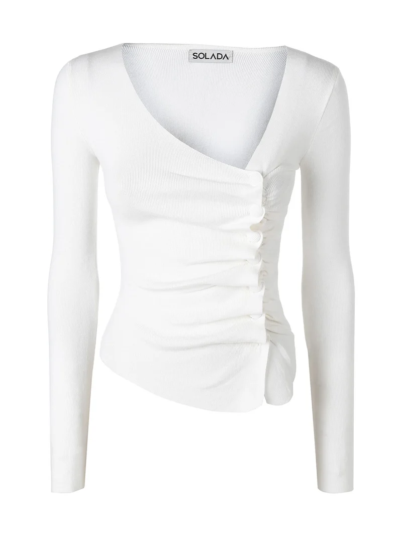 Top donna in maglia a maniche lunghe con bottoni - panna