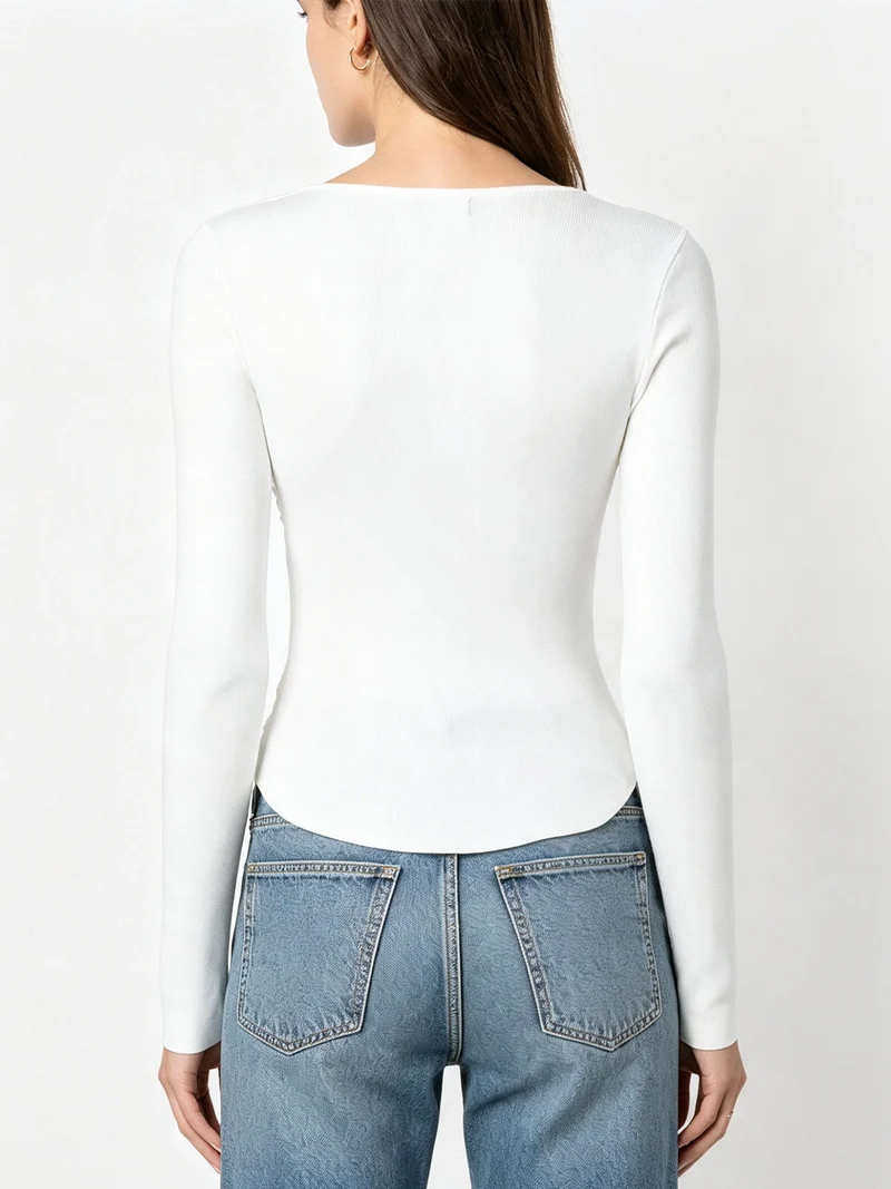 Top donna in maglia a maniche lunghe con bottoni - panna
