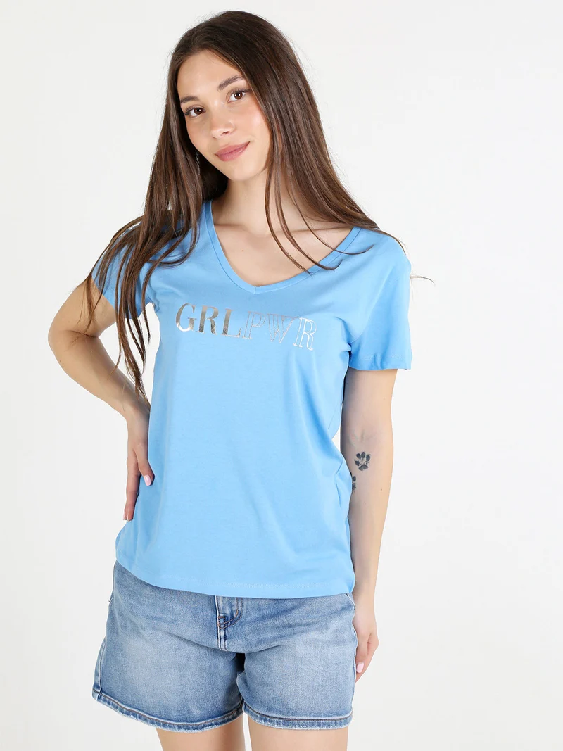 T-shirt donna in cotone con scollo a V e stampa scritta - blu