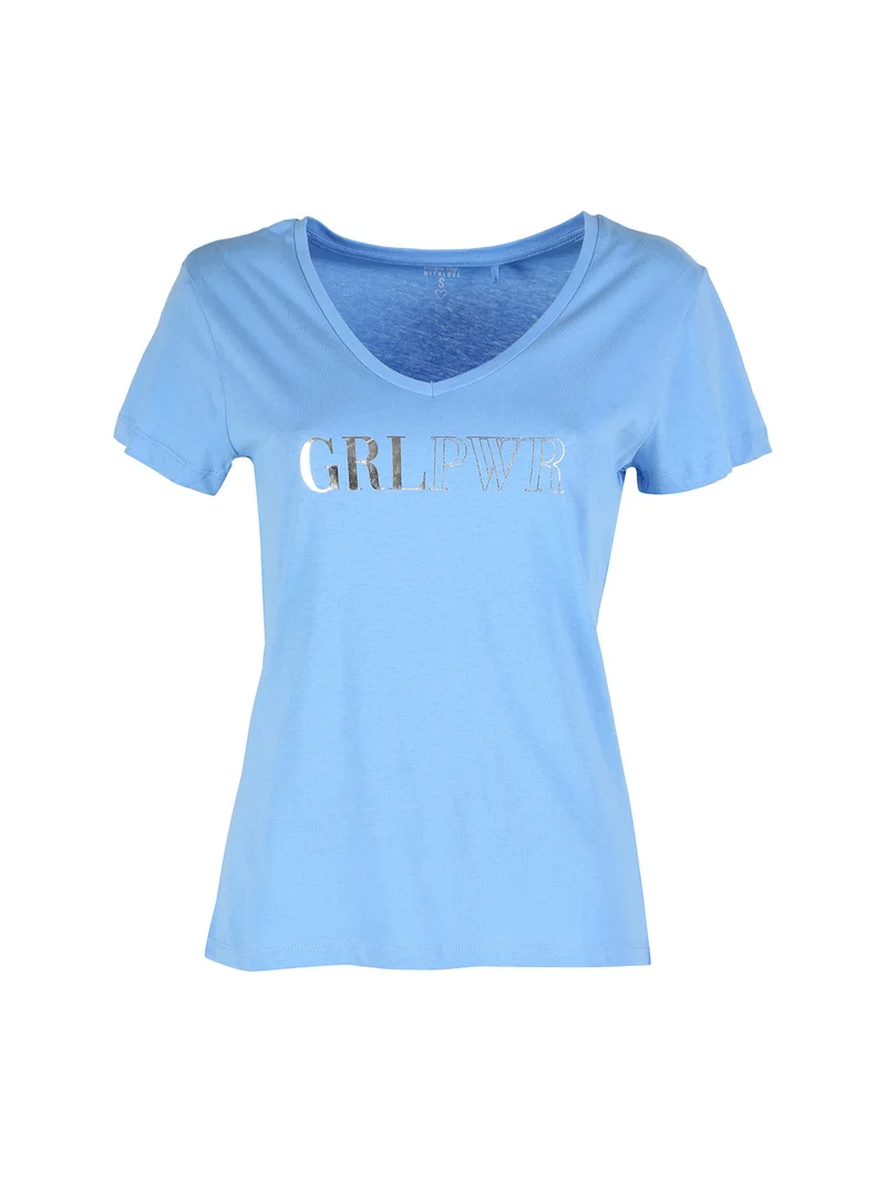 T-shirt donna in cotone con scollo a V e stampa scritta - blu