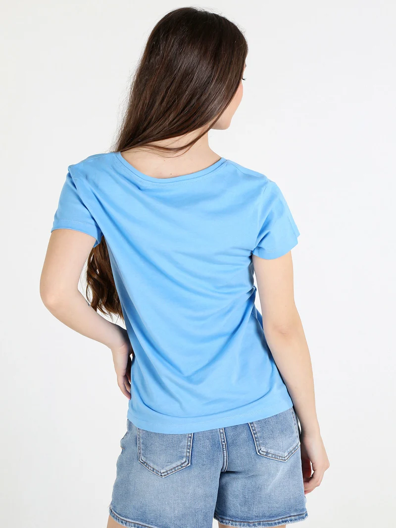 T-shirt donna in cotone con scollo a V e stampa scritta - blu