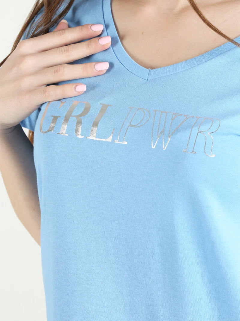 T-shirt donna in cotone con scollo a V e stampa scritta - blu