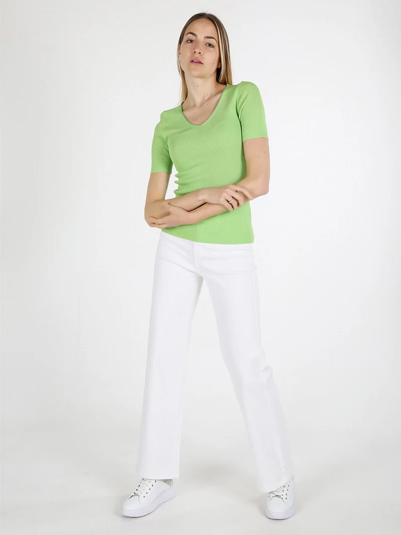 T-shirt donna a costine con scollo in lurex - verde