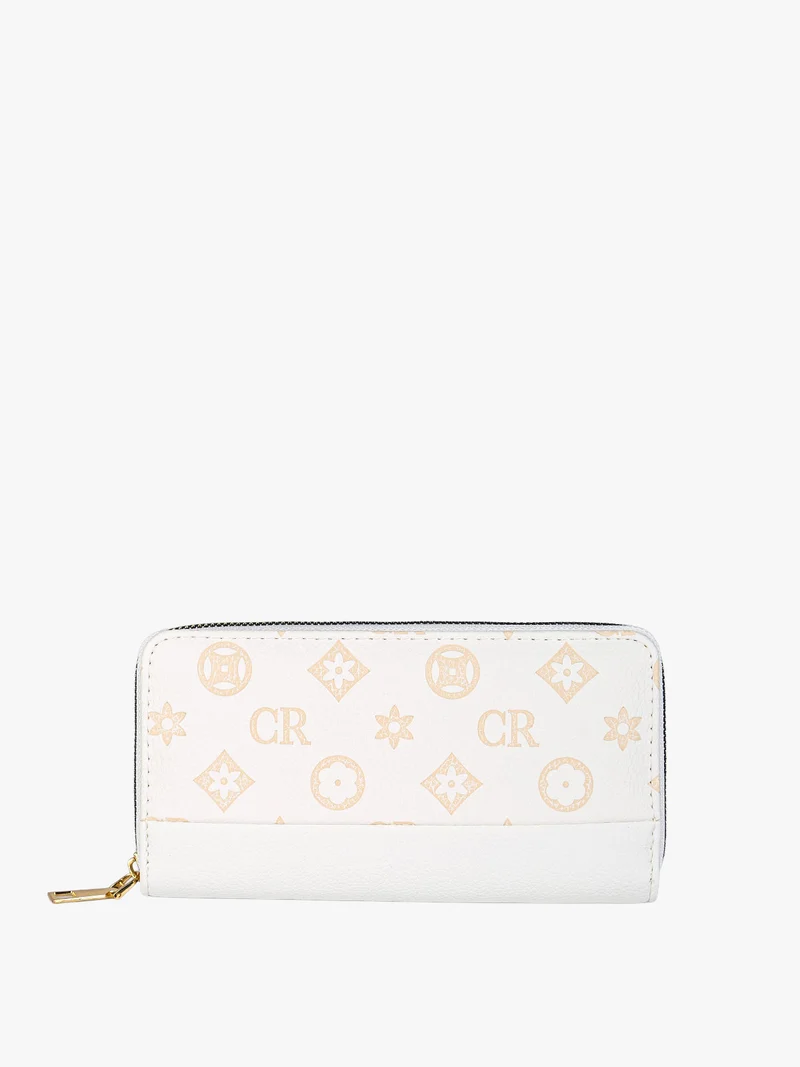 Portafoglio donna con stampa monogramma e zip - bianco