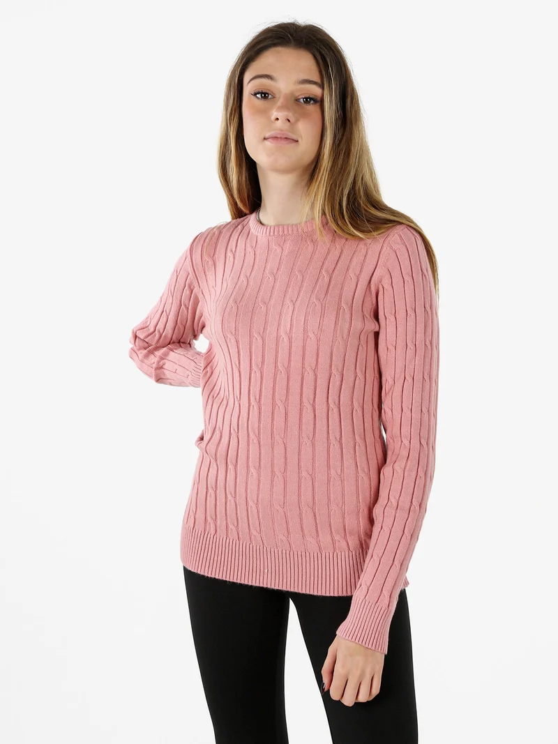 Maglione girocollo da donna a trecce - rosa