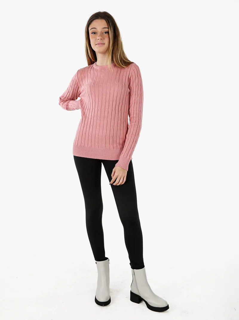 Maglione girocollo da donna a trecce - rosa