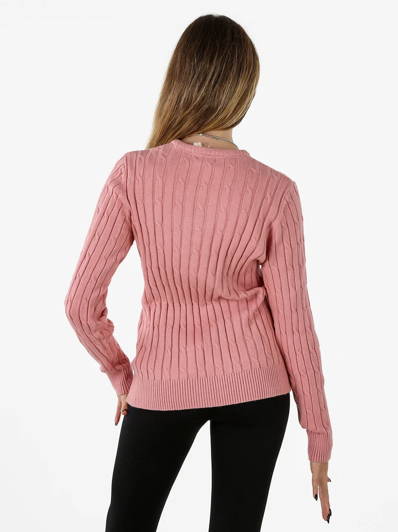 Maglione girocollo da donna a trecce - rosa