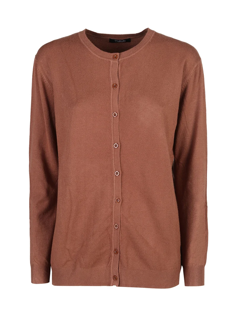 Cardigan girocollo da donna in maglia - cuoio