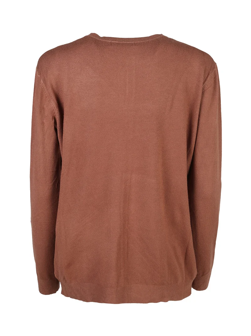 Cardigan girocollo da donna in maglia - cuoio