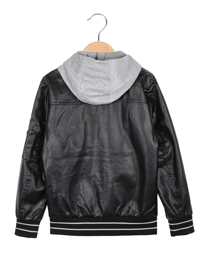 Giacca da bambino in ecopelle con cappuccio - nero
