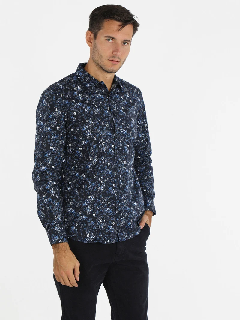 Camicia uomo a maniche lunghe con stampe - blu scuro