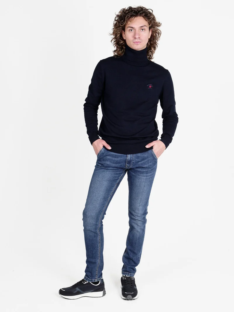 Pullover dolcevita in maglia da uomo - blu scuro